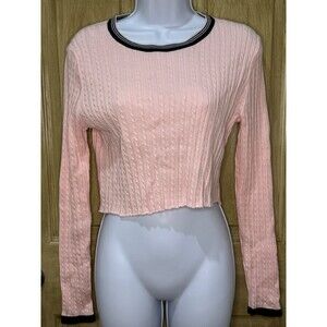 TOMMY HILFIGER LADIES PINK CABLE KNIT SELF CROPPED LOGO SWEATER SIZE M
